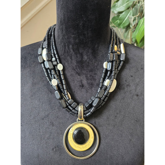 Black Multi Strand Gold Circle Pendant Necklace
