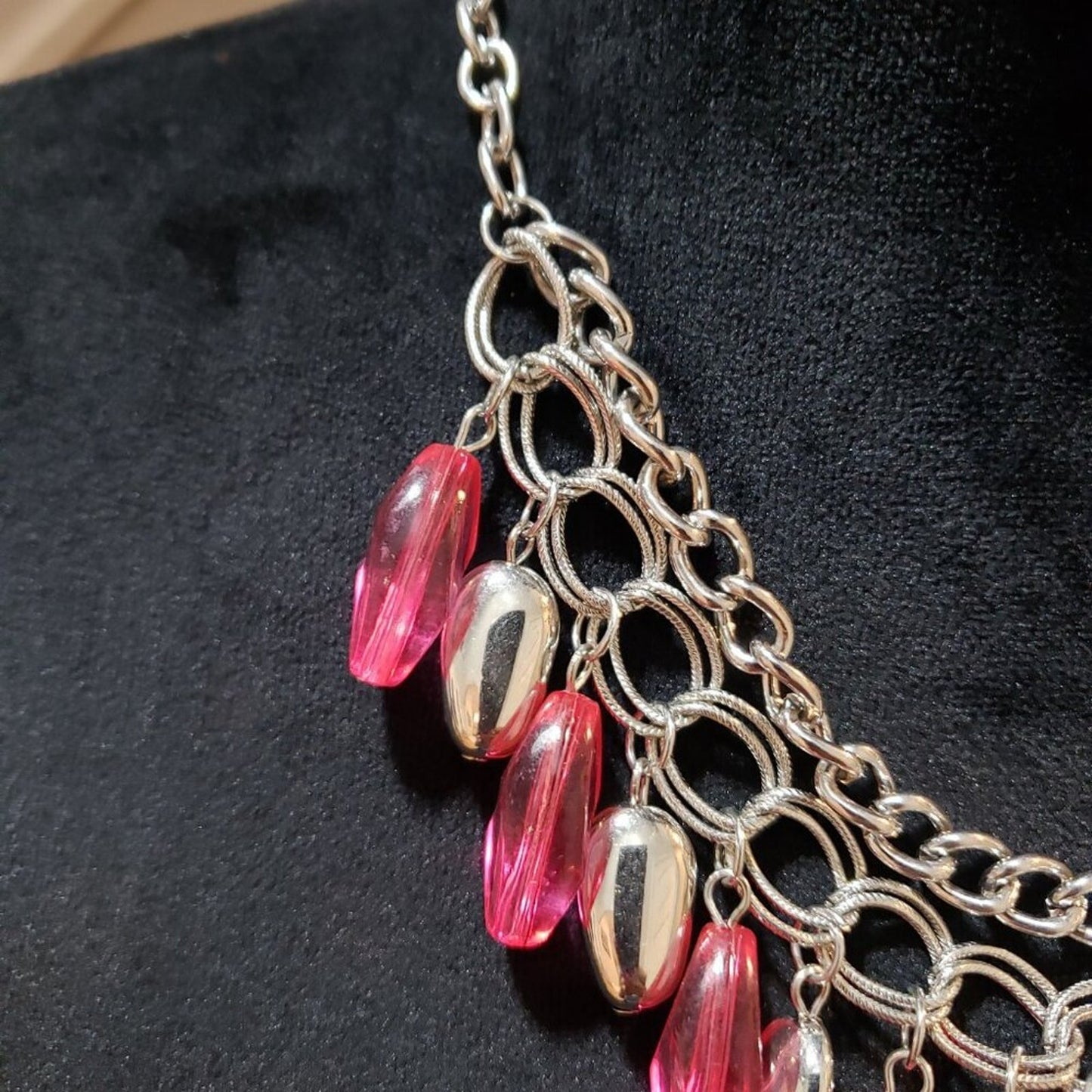 Womens Pink Bead Short Silver Double Chain Spring Daydream Necklace