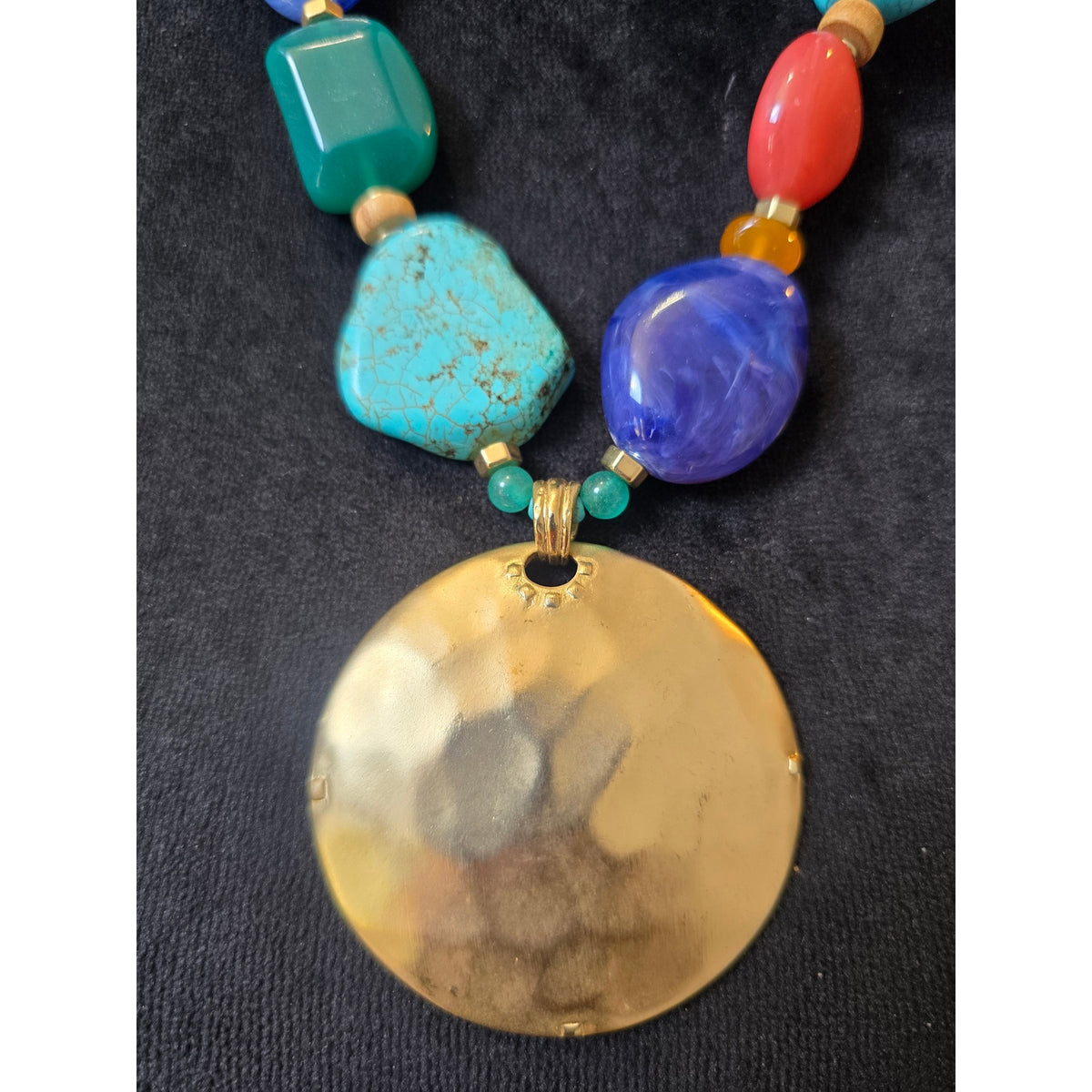 Chico's Women Bib Necklace Turquoise Blue Beaded Gold Disc Pendant Necklace