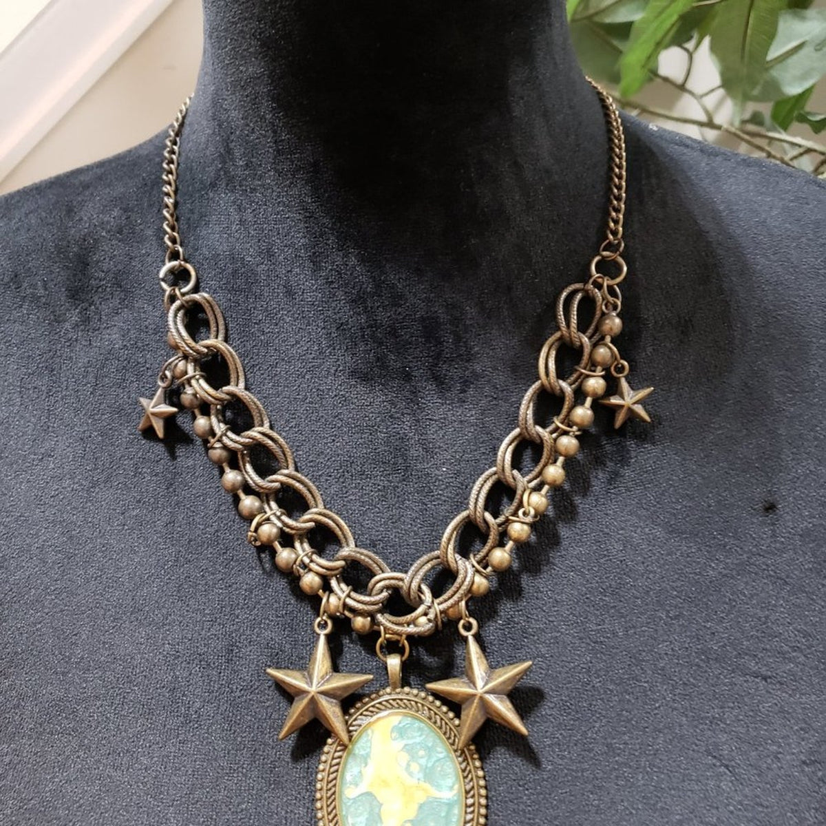 Women Bronze Moon Stars Rhinestones Oval Locket Collar Necklace w/ Lobster Clasp