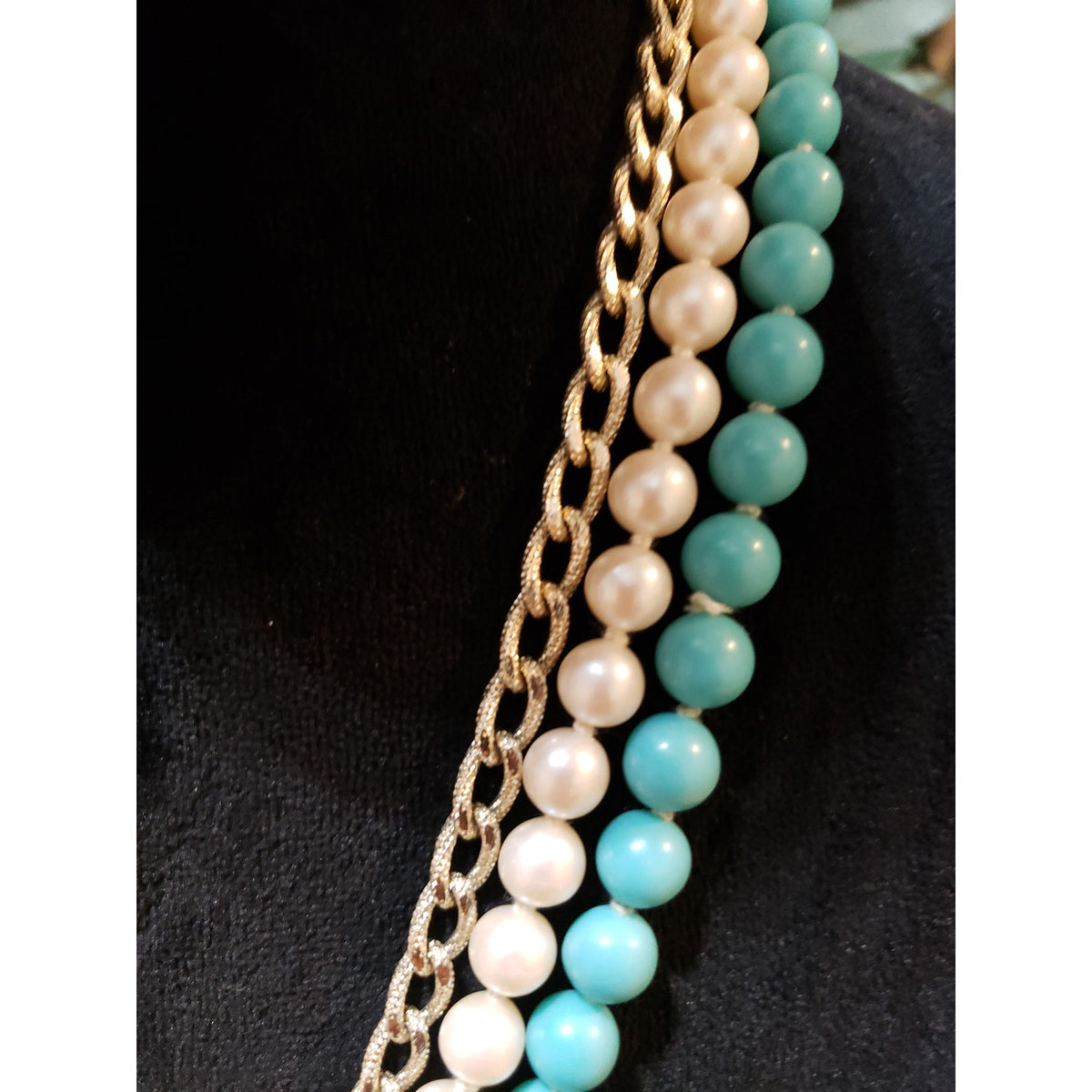 Womens Fashion 3 Strand Blue Ivory Faux Pearl Beaded Curb Chain Necklace Jewelry