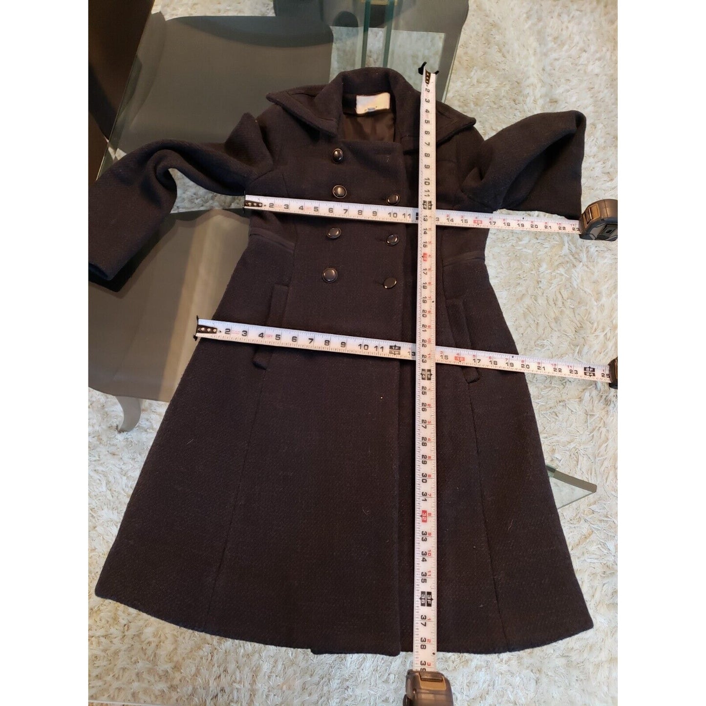 Mint Womens Black Wool Lined Wide Collar Double Breasted Trench Coat Size 2