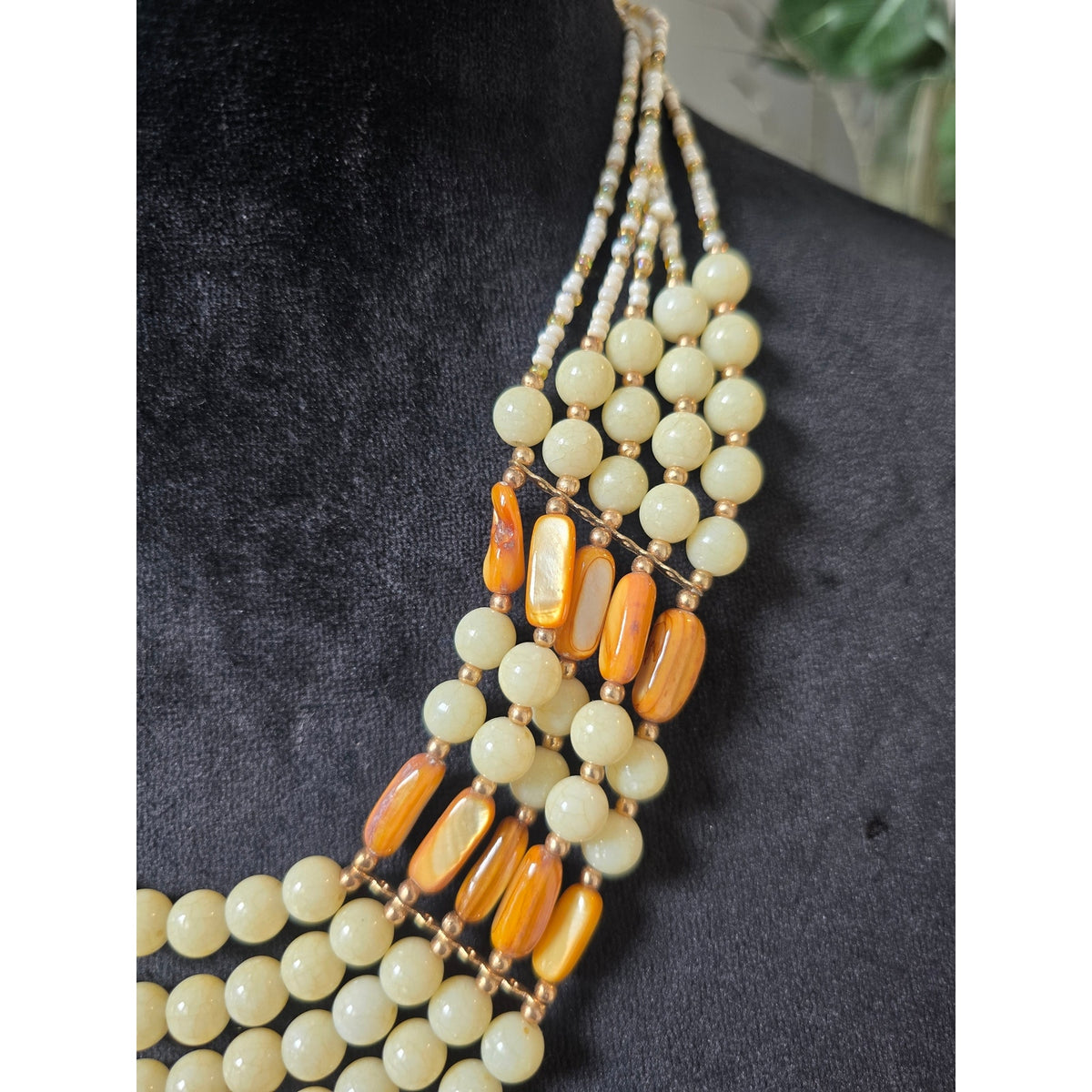 Cream Ivory Orange Multistrand Beaded Layered Boho Tribal Necklace