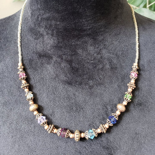Womens Fashion Crystals & Studded Brass Beads Necklace with Round Toggle Clasp
