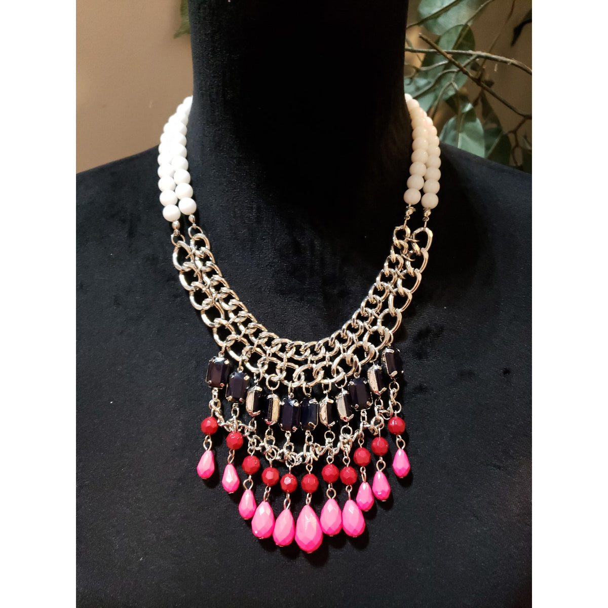 Womens Silver Tone Multi Acrylic Beaded Tiered Bib Statement Necklace Jewelry