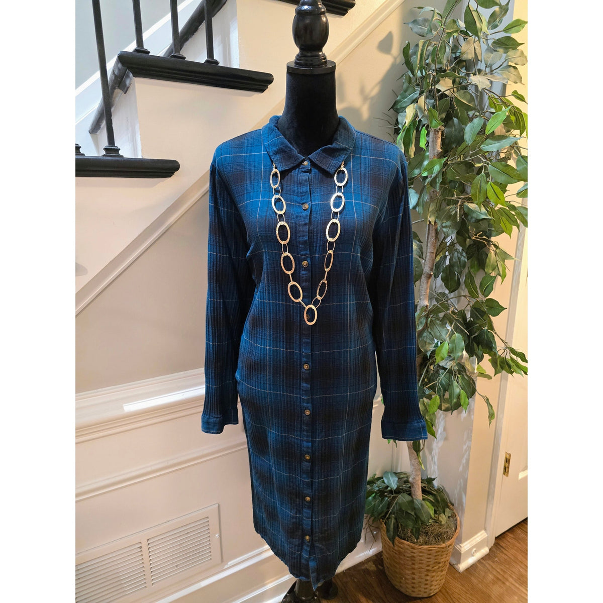 J. Jill Shirt Dress 2X Navy Blue Cotton Plaid Pleated Collared Casual Button-Up