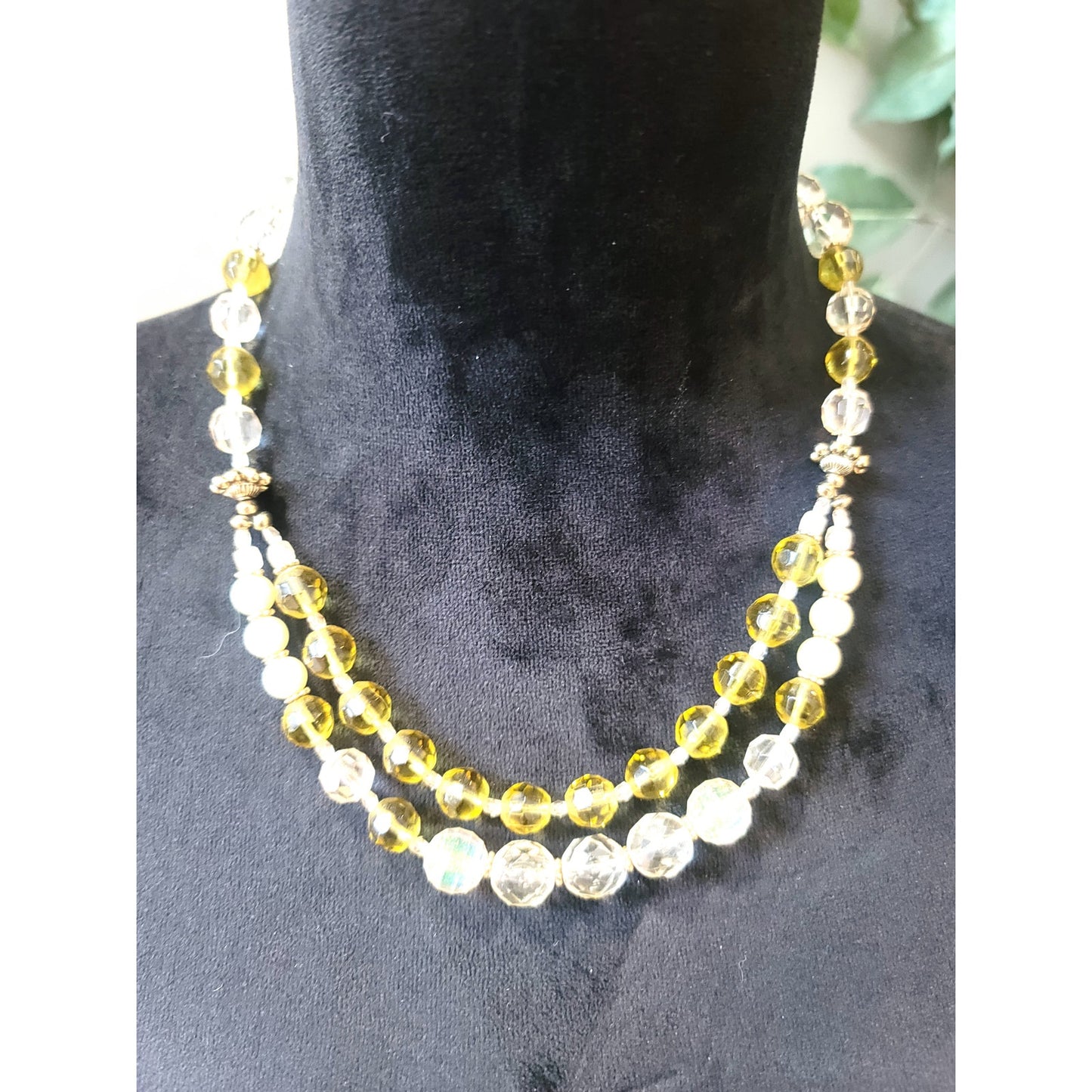 Women's Yellow Clear Beaded Necklace Toggle Clasp Double Strand Layered Jewelry