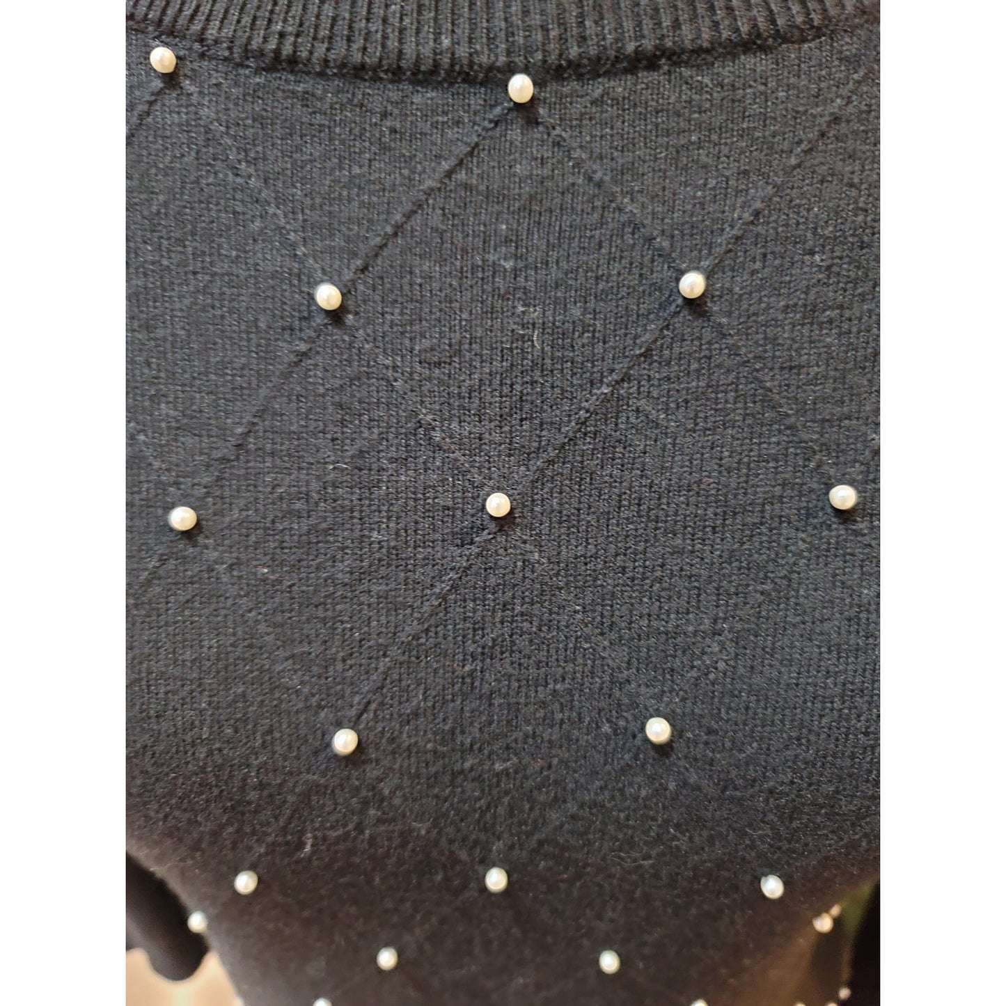 ELLE Sweater Women's Medium Black Pearl Embellished 34 Sleeve Pullover Knit