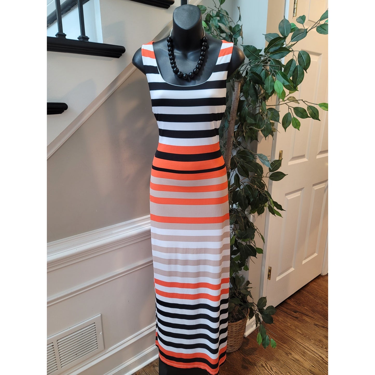 Jessica Howard Maxi Dress Women’s Small Black Orange White Striped Sleeveless