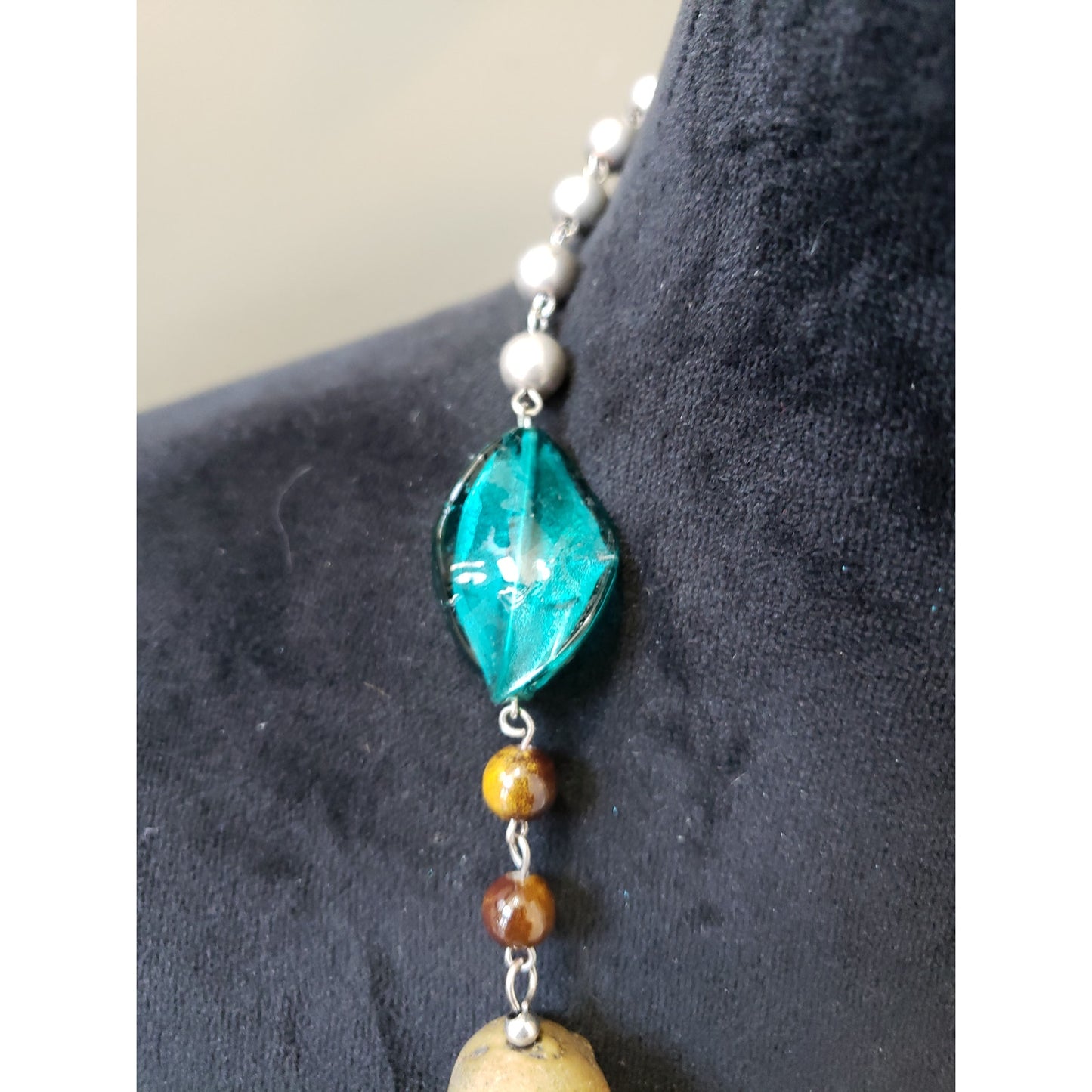 Women's Long Beaded Necklace with Turquoise and Earth-Tone Gemstone Accents