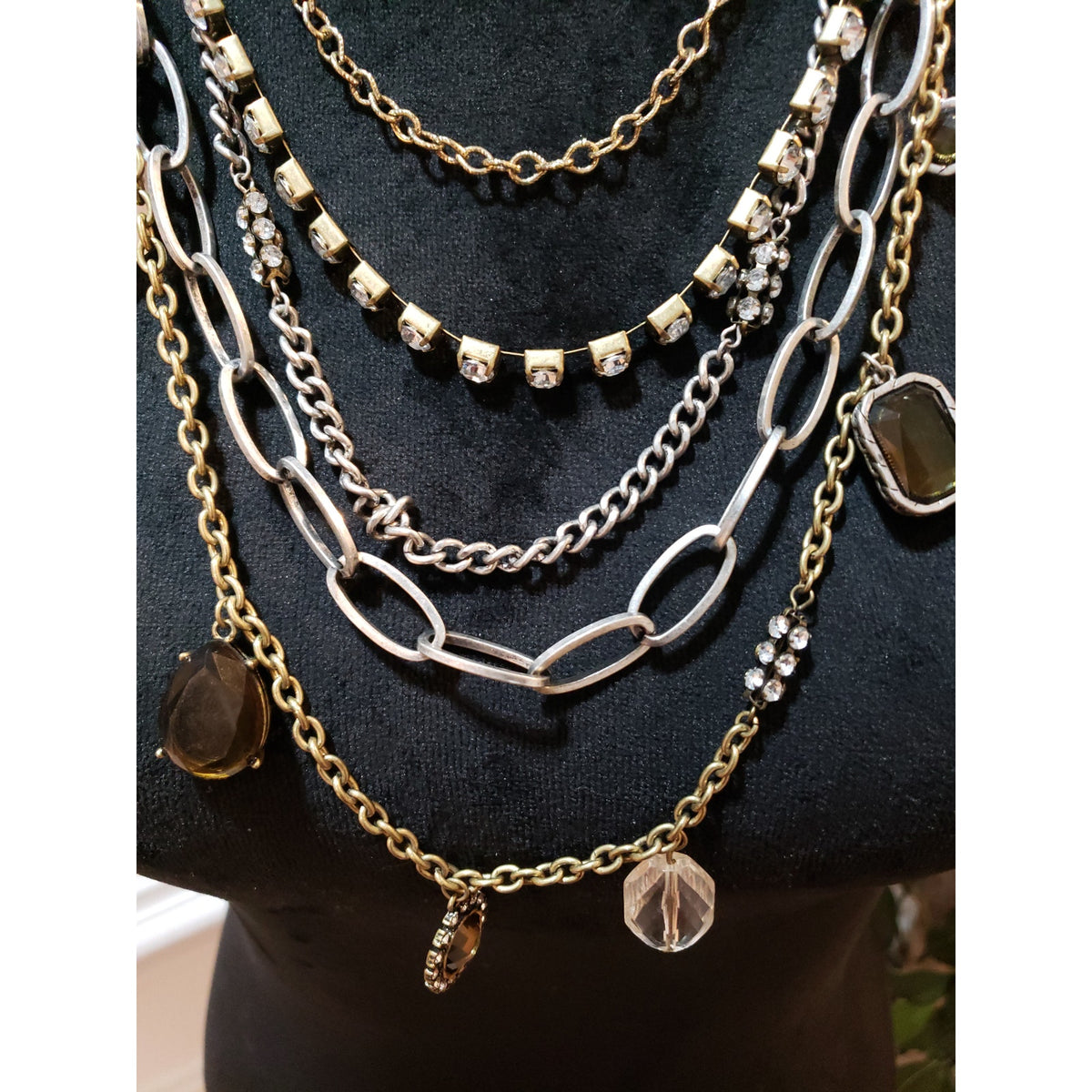 Womens Fashion Layered 2 Tone Multi Chains Crystals Rhinestones Necklace Jewelry