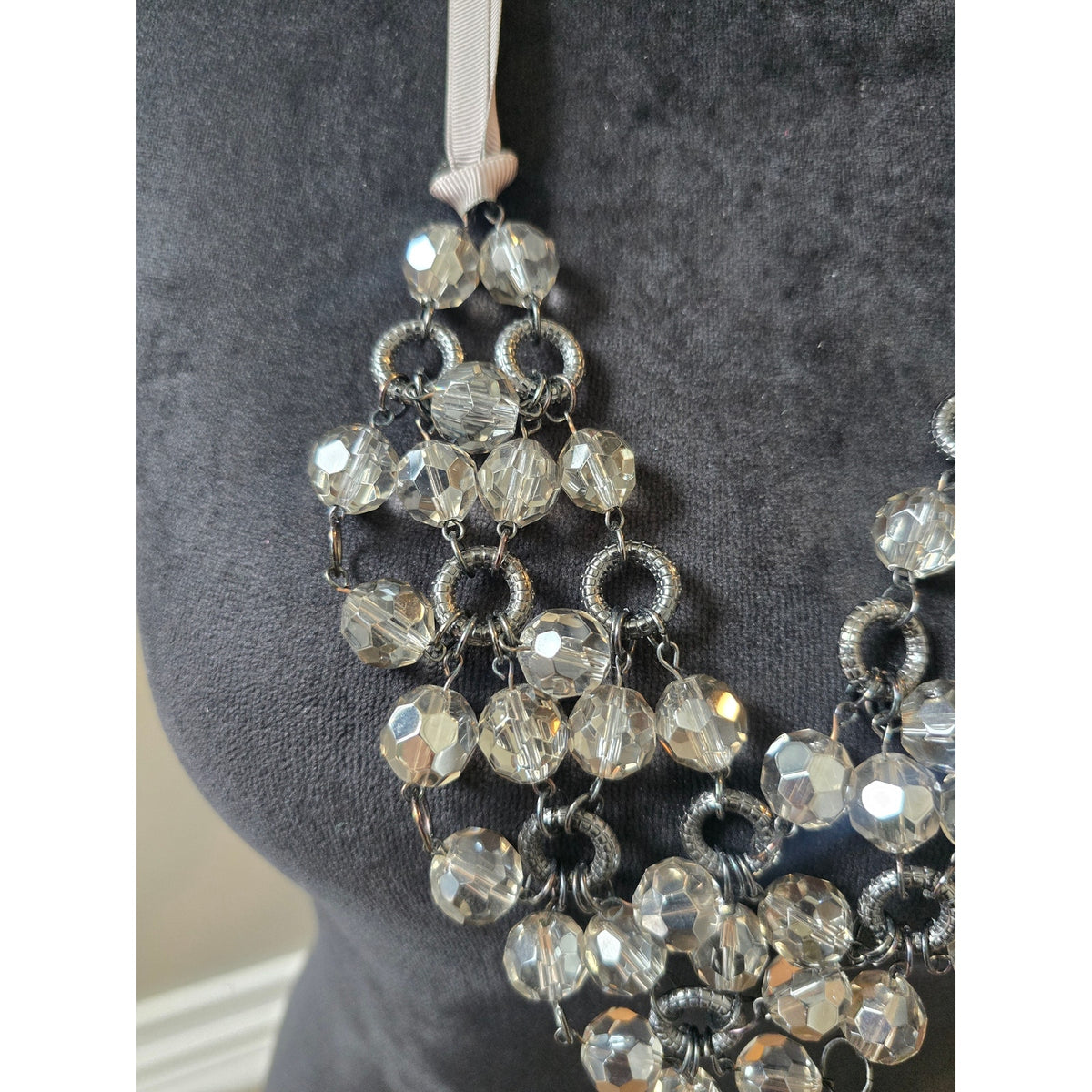 Silver Tone Smoky Gray Crystal Cluster Bib Necklace with Ribbon
