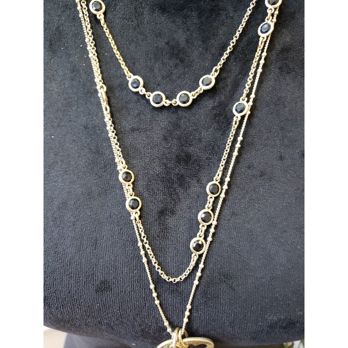 Women's Gold Tone Layered Necklace Black Crystal Key Pendant Vintage Style