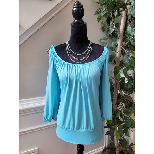 Cache Blouse Women's Size Large Blue Boat Neck Off-The-Shoulder Cold Shoulder