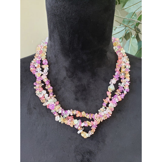 Womens 3 Strand Multi Irregular Chip Gravel Beads Necklace with Lobster Clasp
