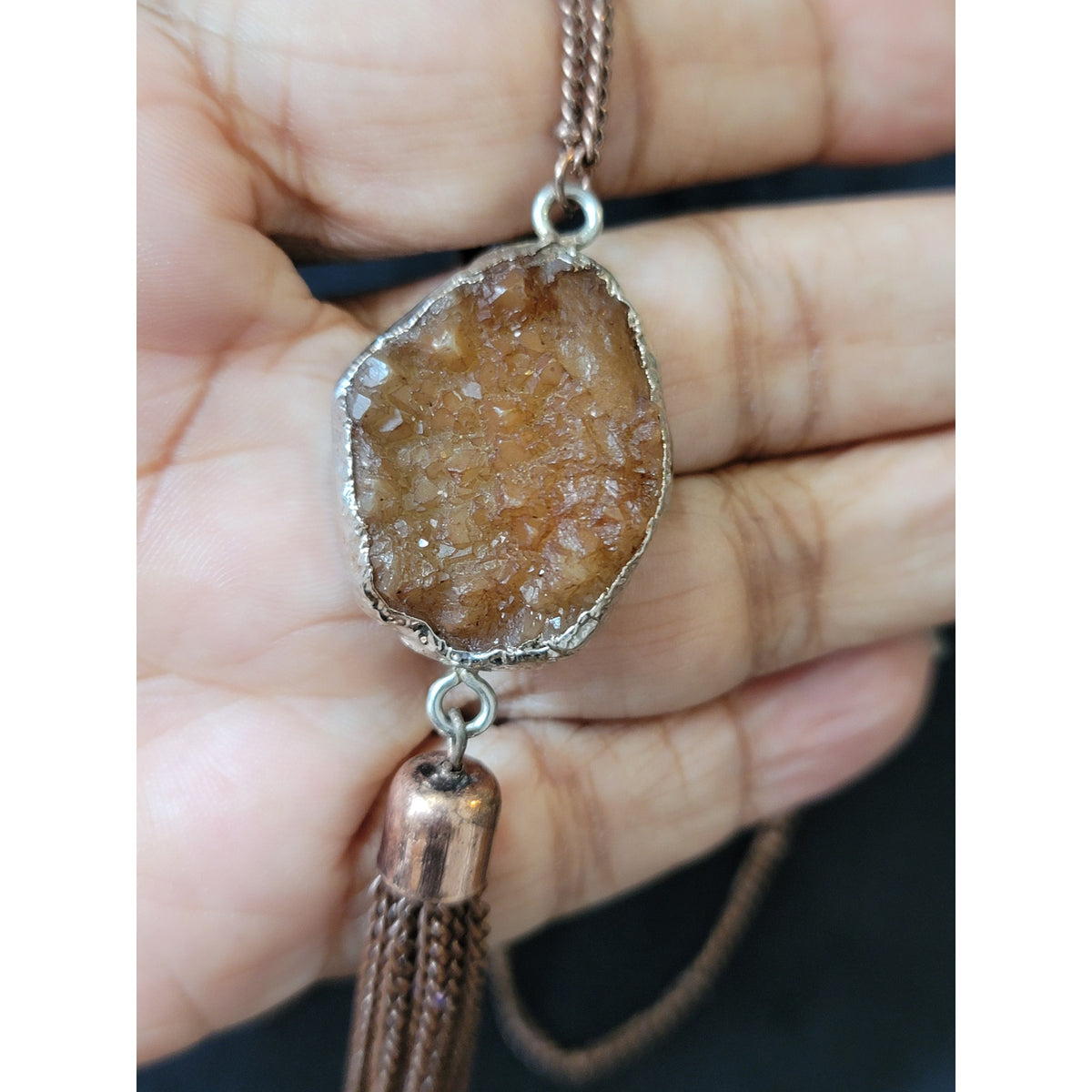 Women's Long Pendant Necklace With Lobster Clasp Brown Druzy Stone Tassel Chain