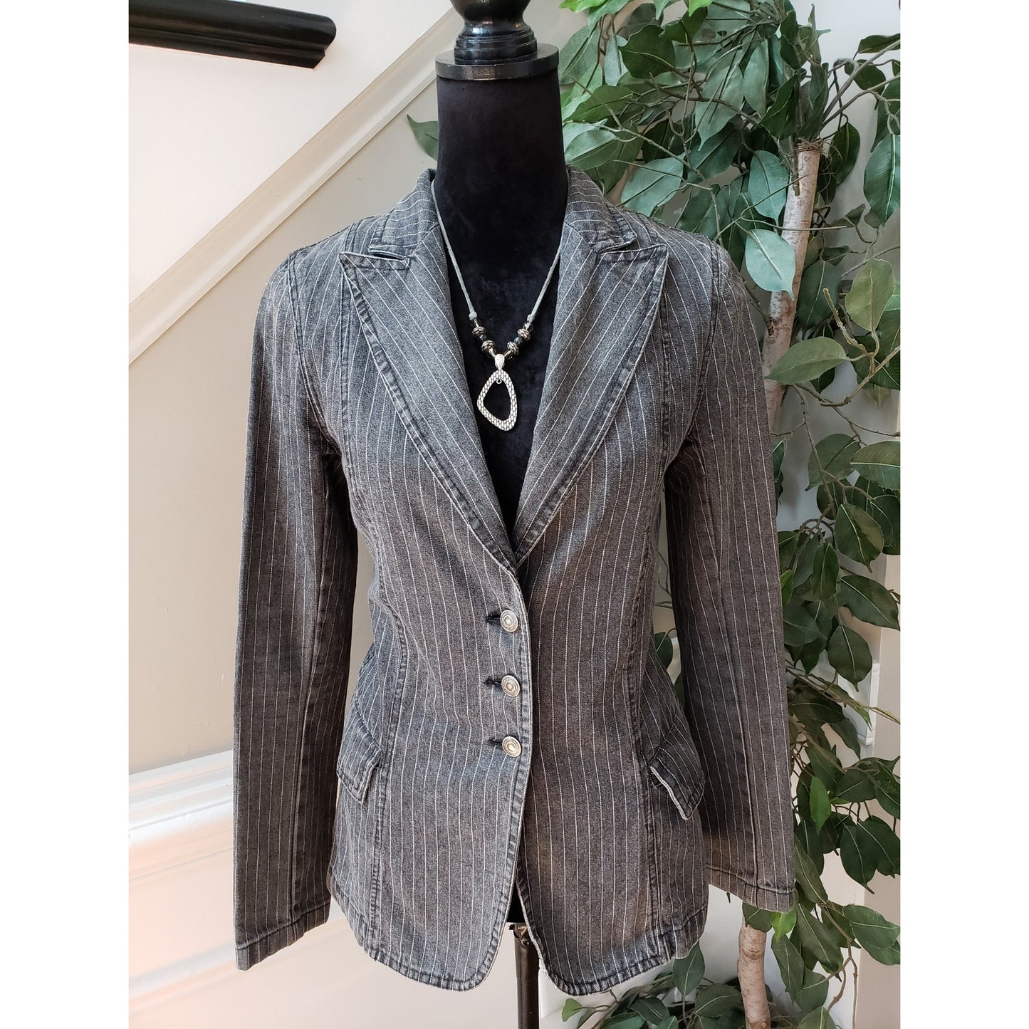 Carlo's Denims Blazer Jacket Women Small Gray Striped Peak Lapel Single Breasted