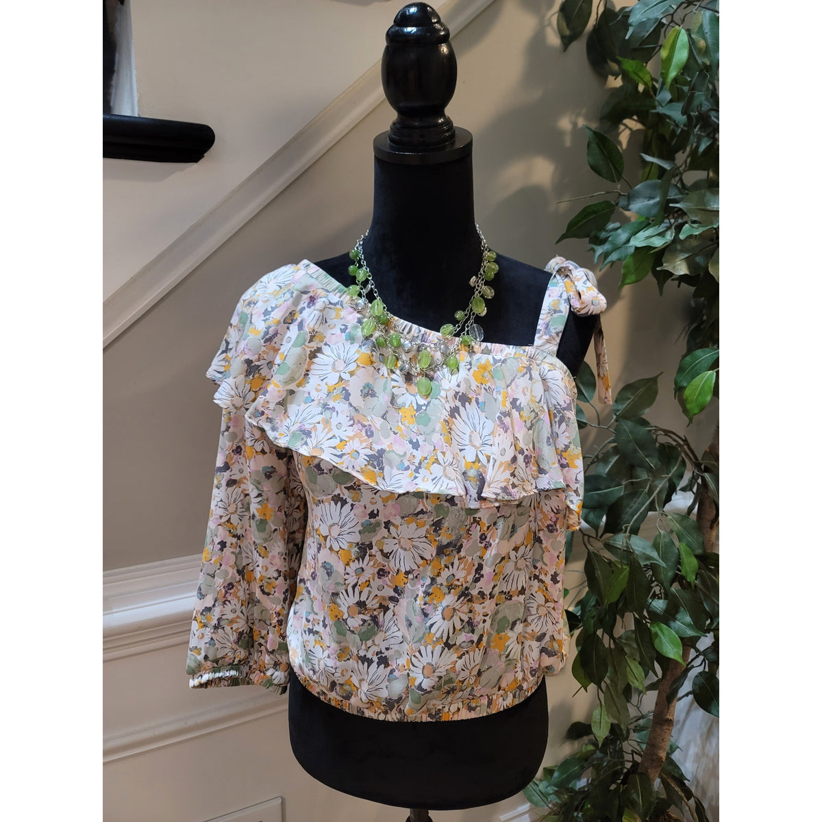 Lauren Conrad Blouse Top Womens Medium Multicolor Floral One Shoulder Ruffle Tie