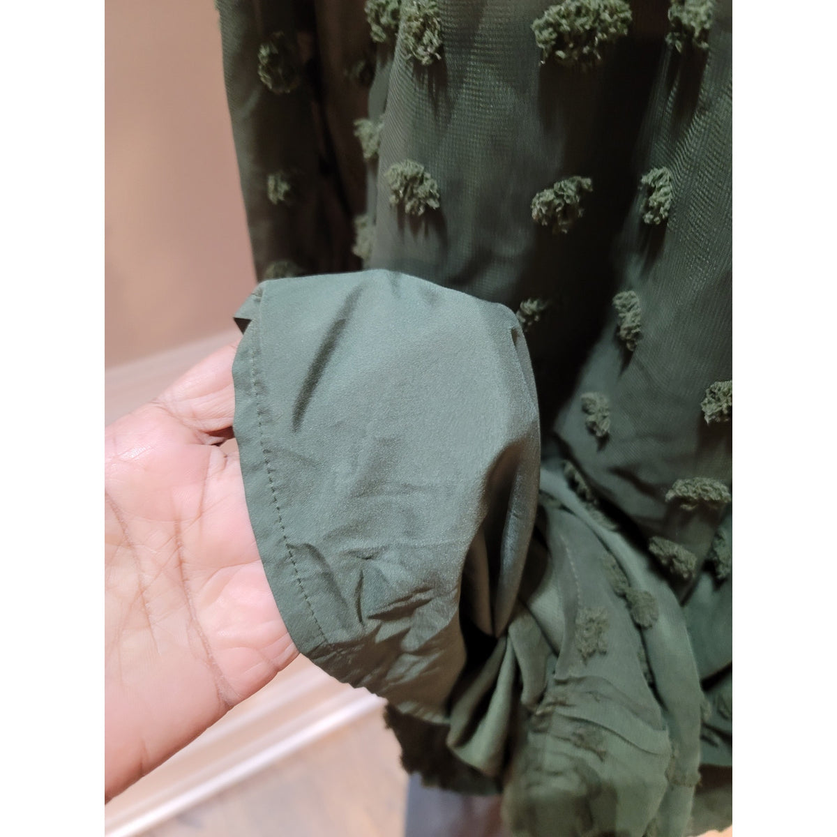 Midi Dress Women's Size Medium Army Green Polyester Blend Long Balloon Sleeves