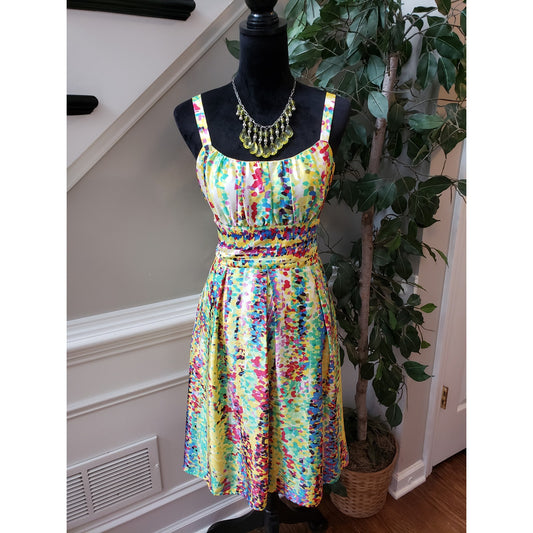 K Studio Fit & Flare Dress Women's 12 Multi Abstract Pleated Tie Back Wide Strap