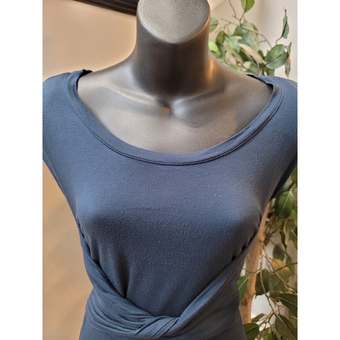 ASOS Midi Dress Womens Size 12 Navy Blue Ruched Waist Stretch Bodycon Elegant