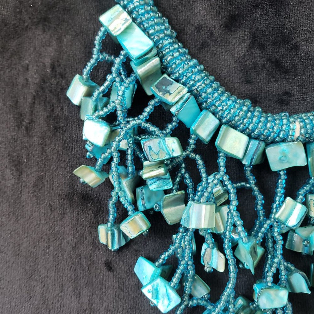 Womens Fashion Abalone Shell Glass Seed Beaded Fringe Statement Necklace