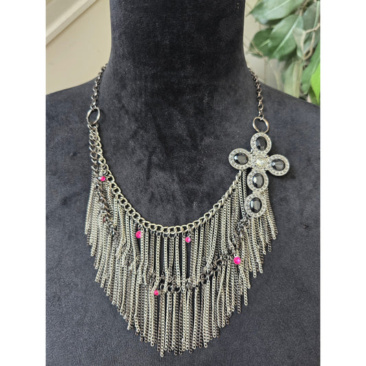 Antique Silver Chain Fringe Statement Necklace