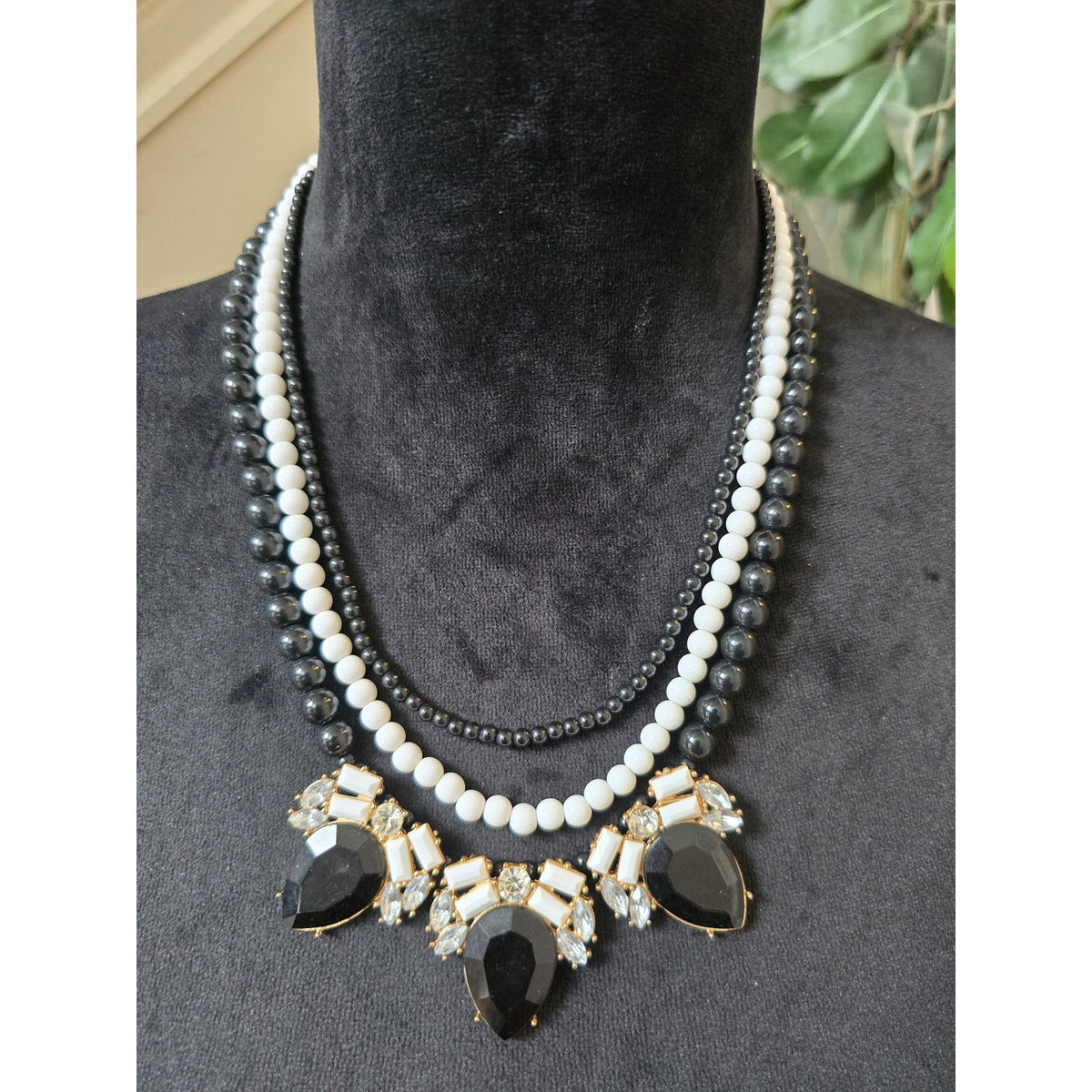 Black White Multi Strand Crystal Statement Necklace
