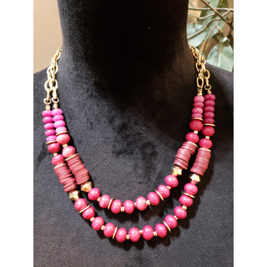 Women Fashion Boho Gold Tone 2 Strand Pink Plastic Beaded & Spacers Bib Necklace