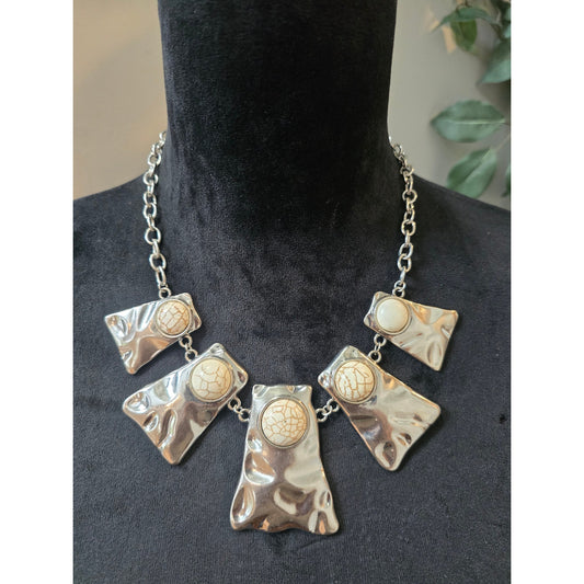 Women's Statement Silver Necklace with Cream Stones and Lobster Claw Clasp