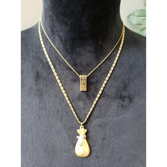 Women's Gold Tone Layered Necklace Gold Bar and Money Bag Pendant Jewelry