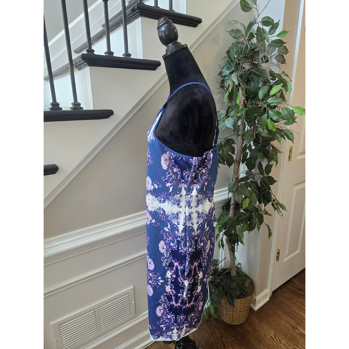 Venus Sheath Dress Women's Large Blue/Pink Floral Cross-Front Spaghetti Straps