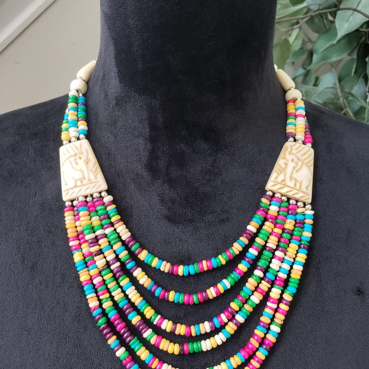 Boho Style Multicolor Beads Medieval Viking Statement Necklace w/ Elephant Pearl