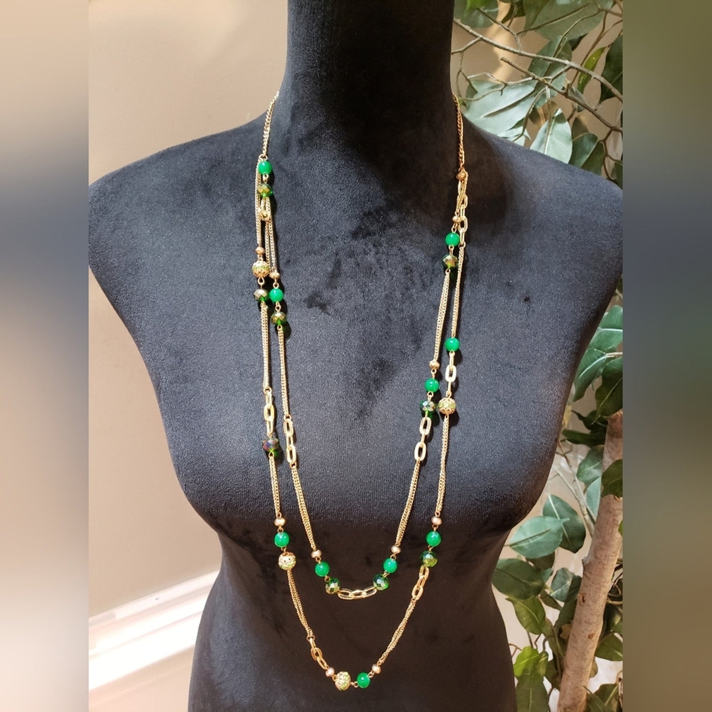 Women Gold Tone 2 Strand Green Emerald Beads Metal Faceted Bowl Station Necklace