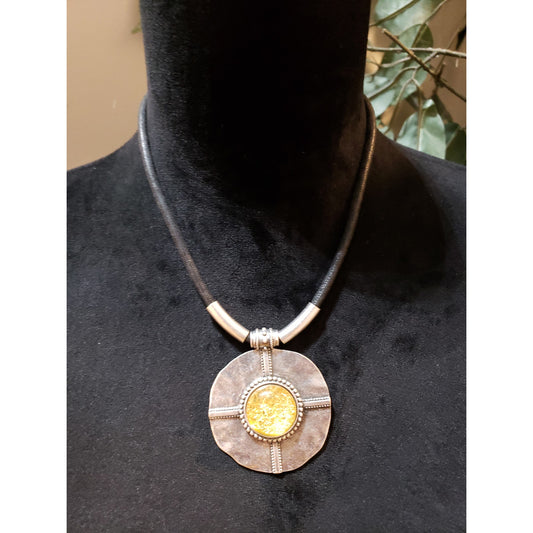 Womens Fashion Bohemian Celestial Two Tone Round Pendant Black Cord Necklace