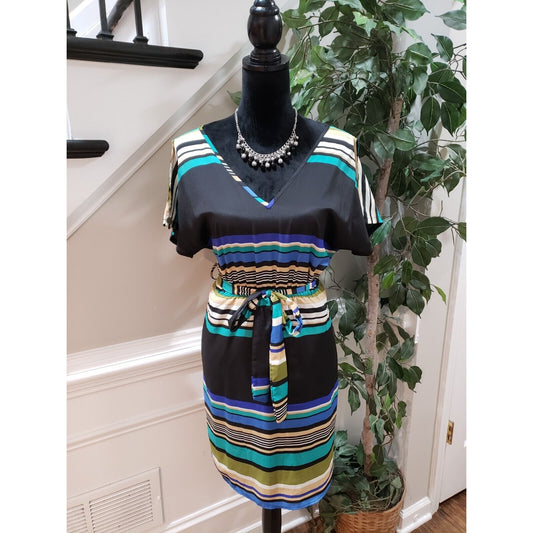 Blue Rain Women's Multi Striped Polyester Short Sleeve VNeck Knee Length Dress M