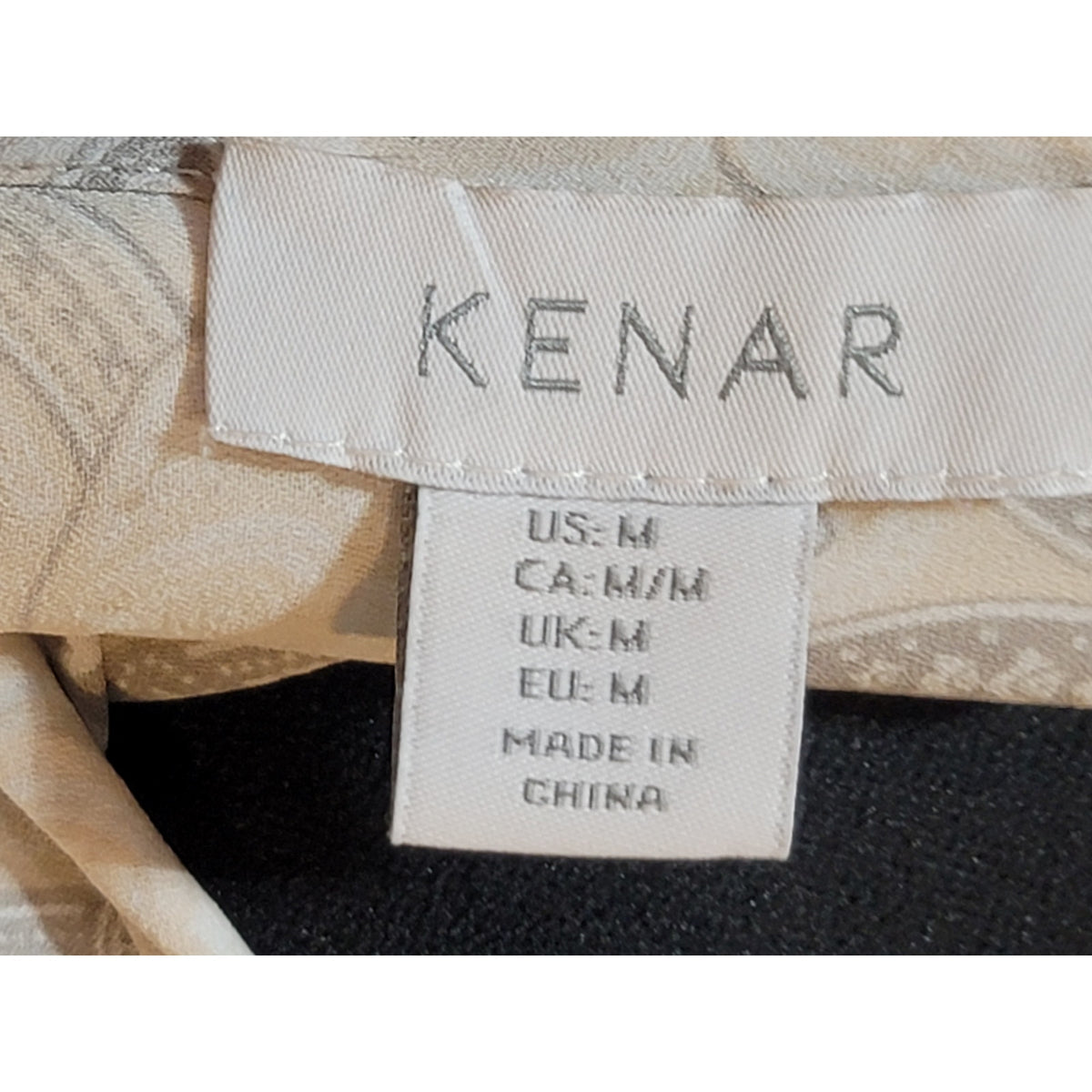 Kenar Pullover Blouse M Beige Gray Floral Split Neck Curved Hem Balloon Sleeve