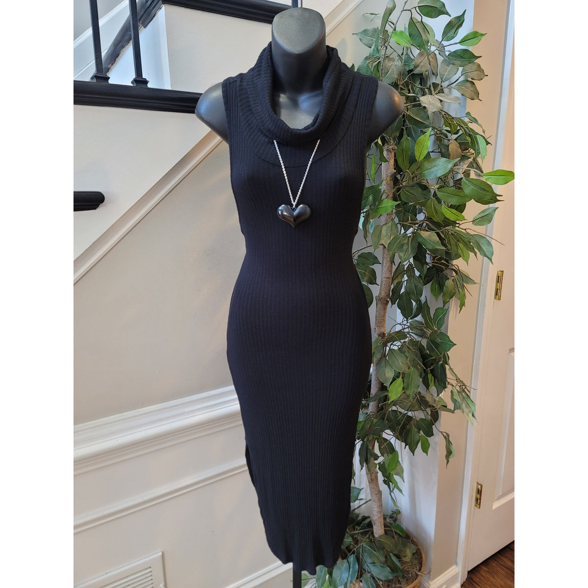 May Pink Midi Dress Women's Small Black Ribbed Knit Cowl Sleeveless Curved Hem