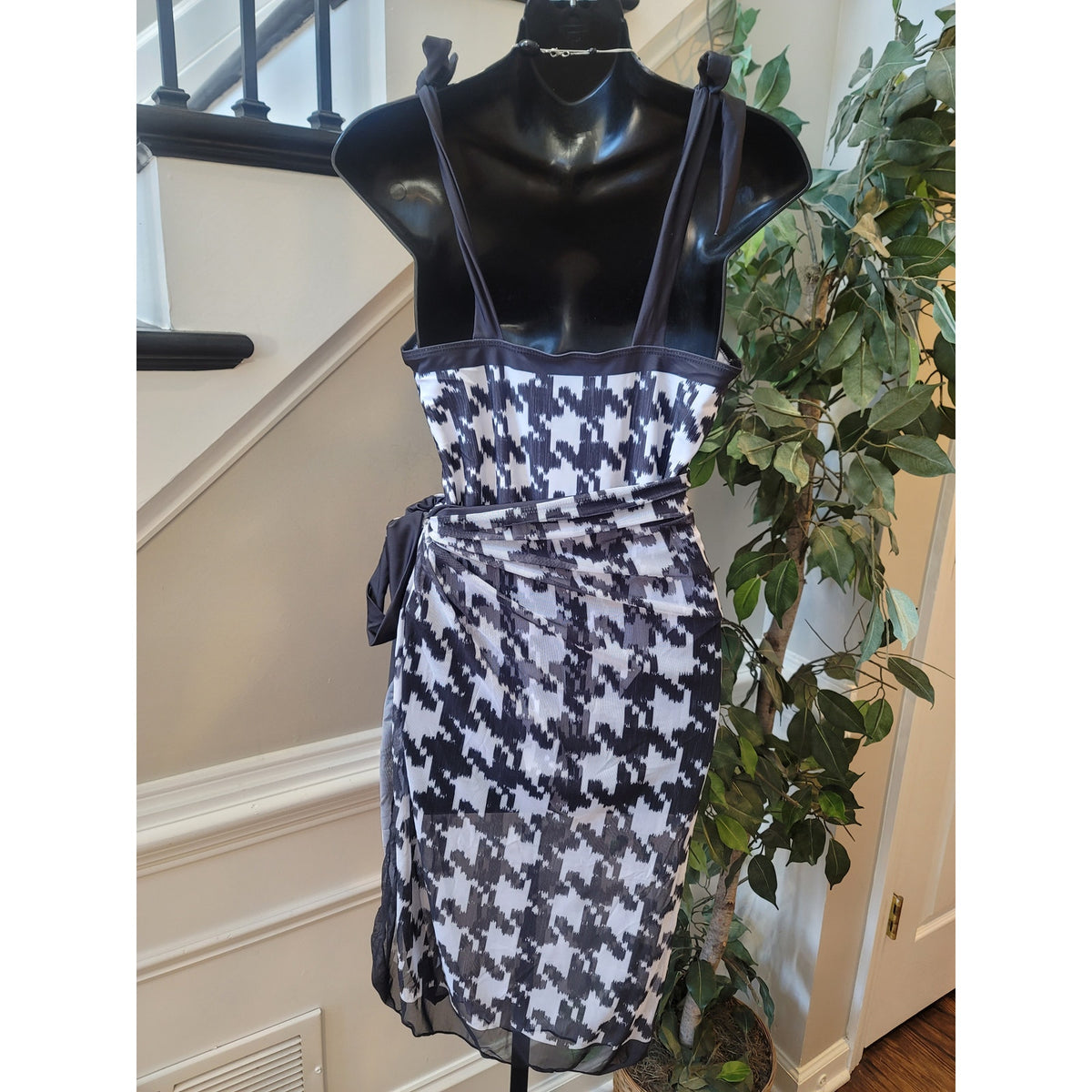 Swim Suit Set Women's Large Black/White Houndstooth Padded Bra Sarong Wrap