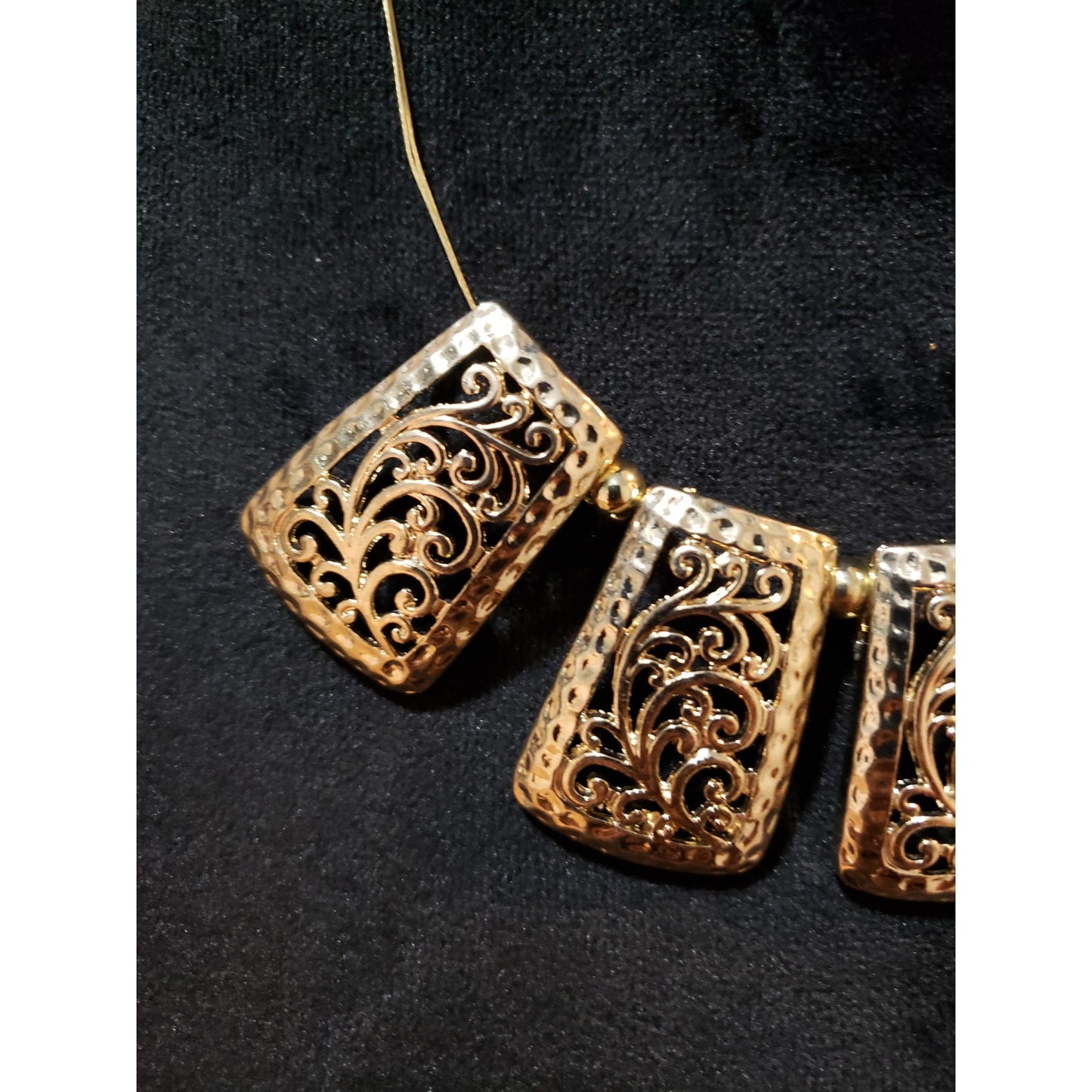 Womens Gold Tone Triple String Chains Filigree Cannetille Statement Necklace