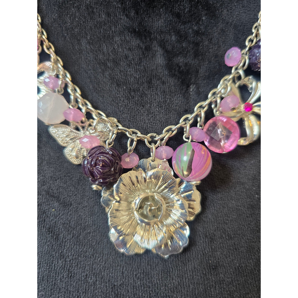 NY Silver Tone Pink Purple Floral Charm Statement Necklace