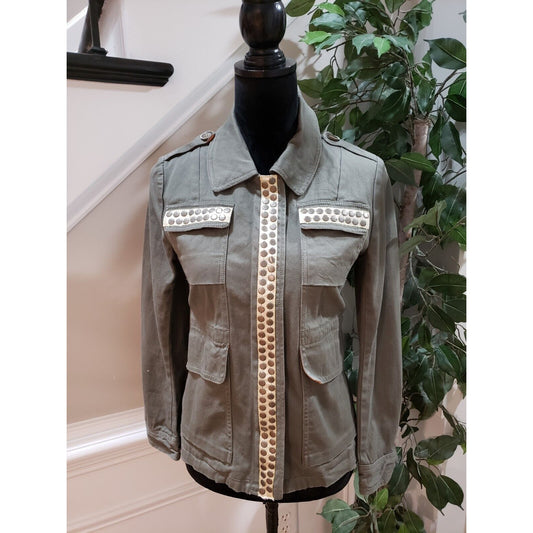Sweet Rain Women Olive Green Cotton Embellished Full Zip Military Jacket Size S