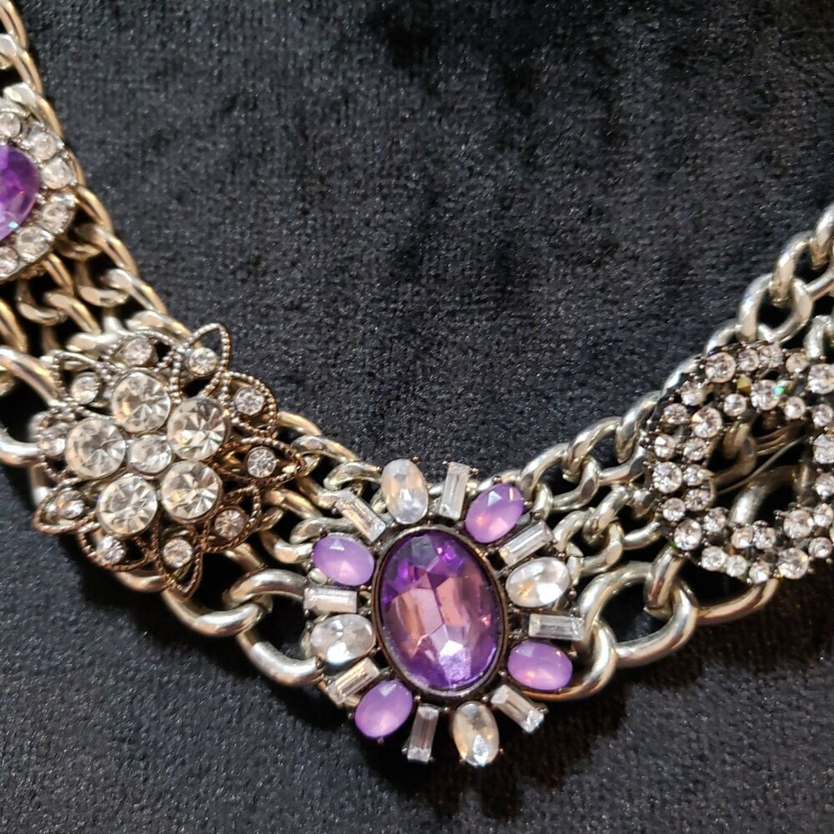 Womens Silver Amethyst & Rhinestone Double Chain Collar Necklace Lobster Clasp