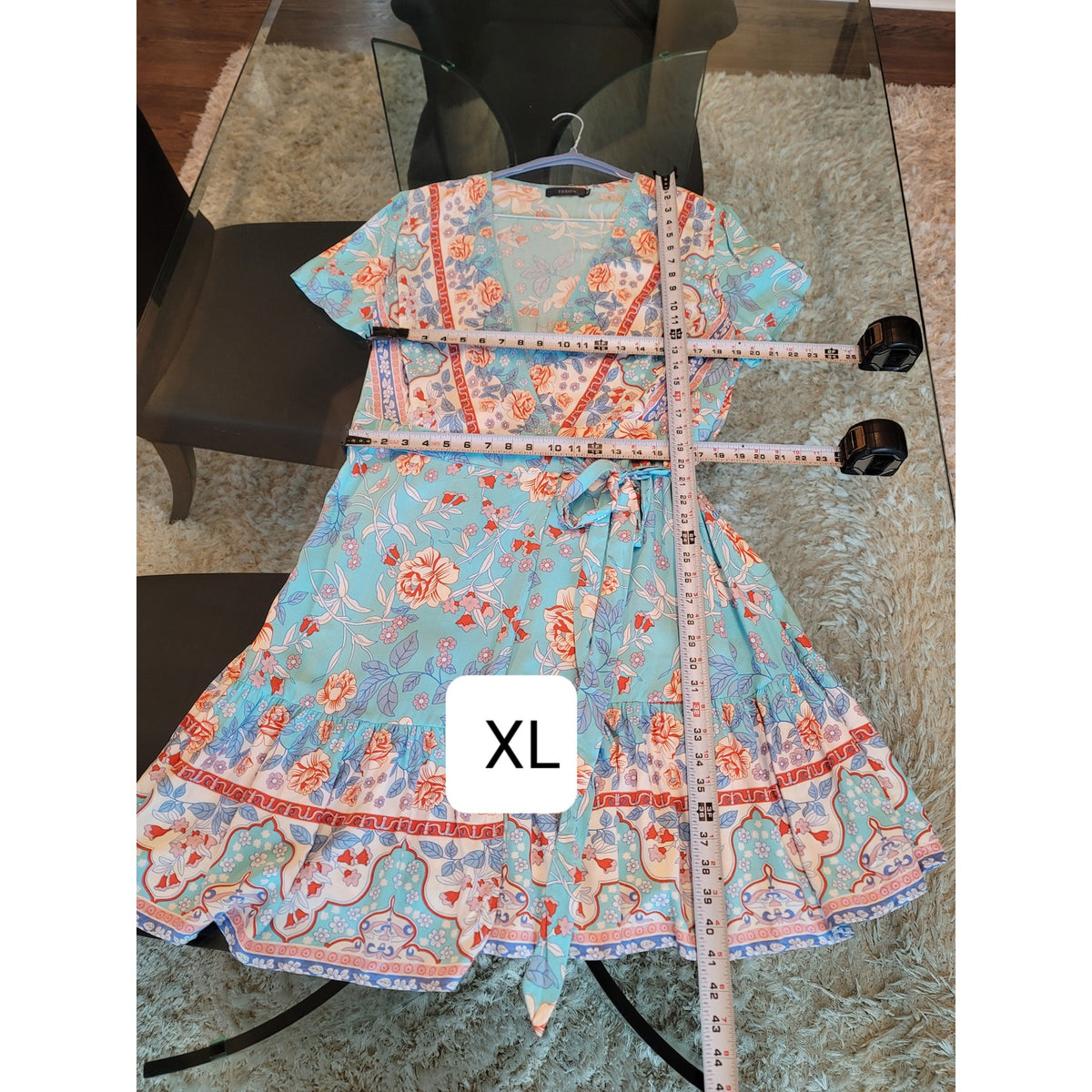 Zesica Dress Womens XL Blue Floral Wrap Short Sleeve Boho Midi Summer Rayon
