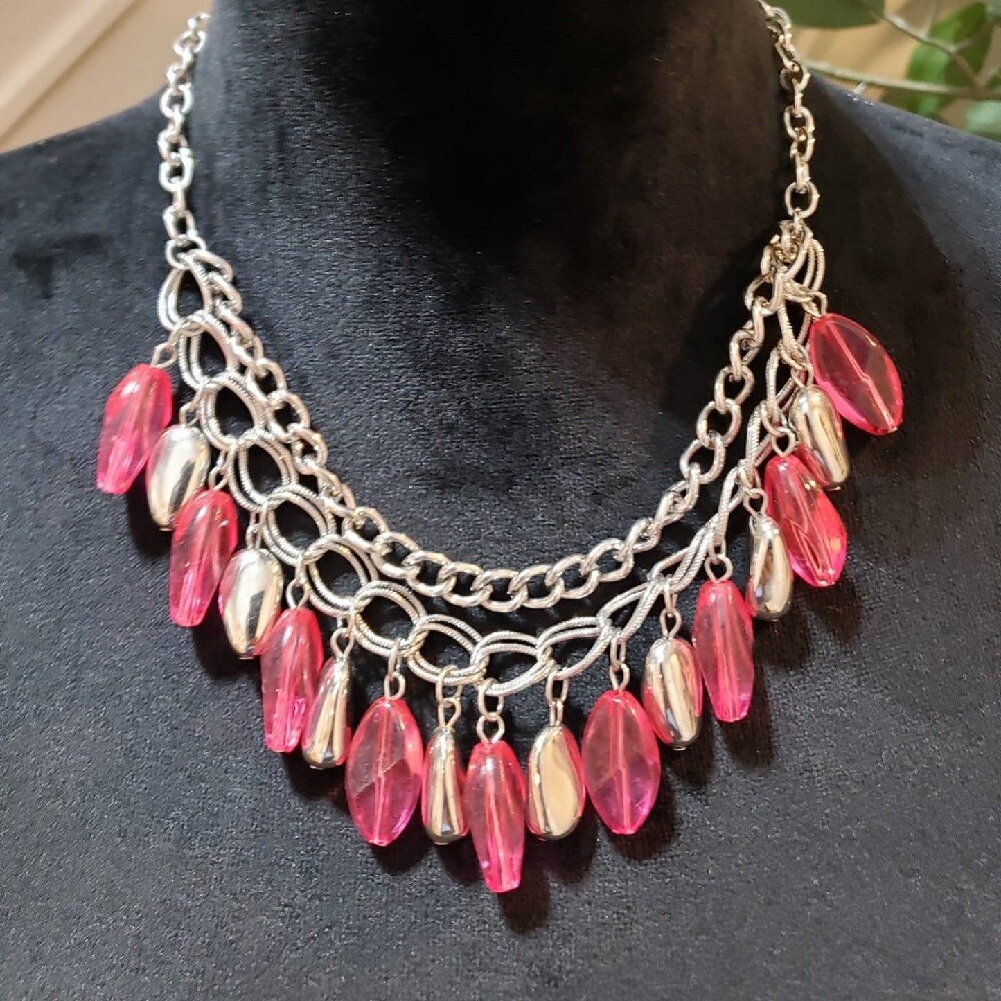 Womens Pink Bead Short Silver Double Chain Spring Daydream Necklace