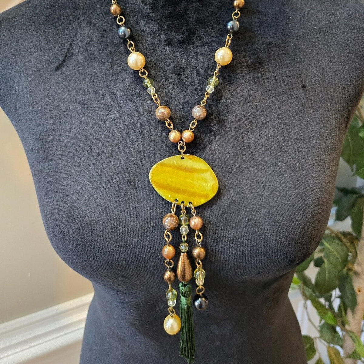 Womens Fashion Yellow Pearl Beaded Tassels Pendant Necklace with Lobster Clasp