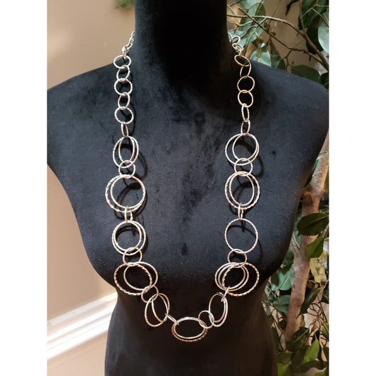 Women Gold Tone Assorted Circular Ring Linked Long Necklace Jewelry with Lobster