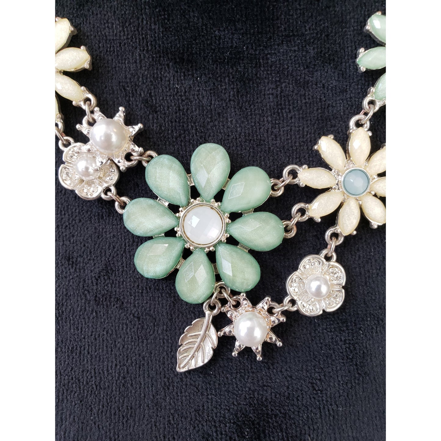 Womens Gold Plated Multicolor Acrylic Faux Pearl Filigree Statement Necklace