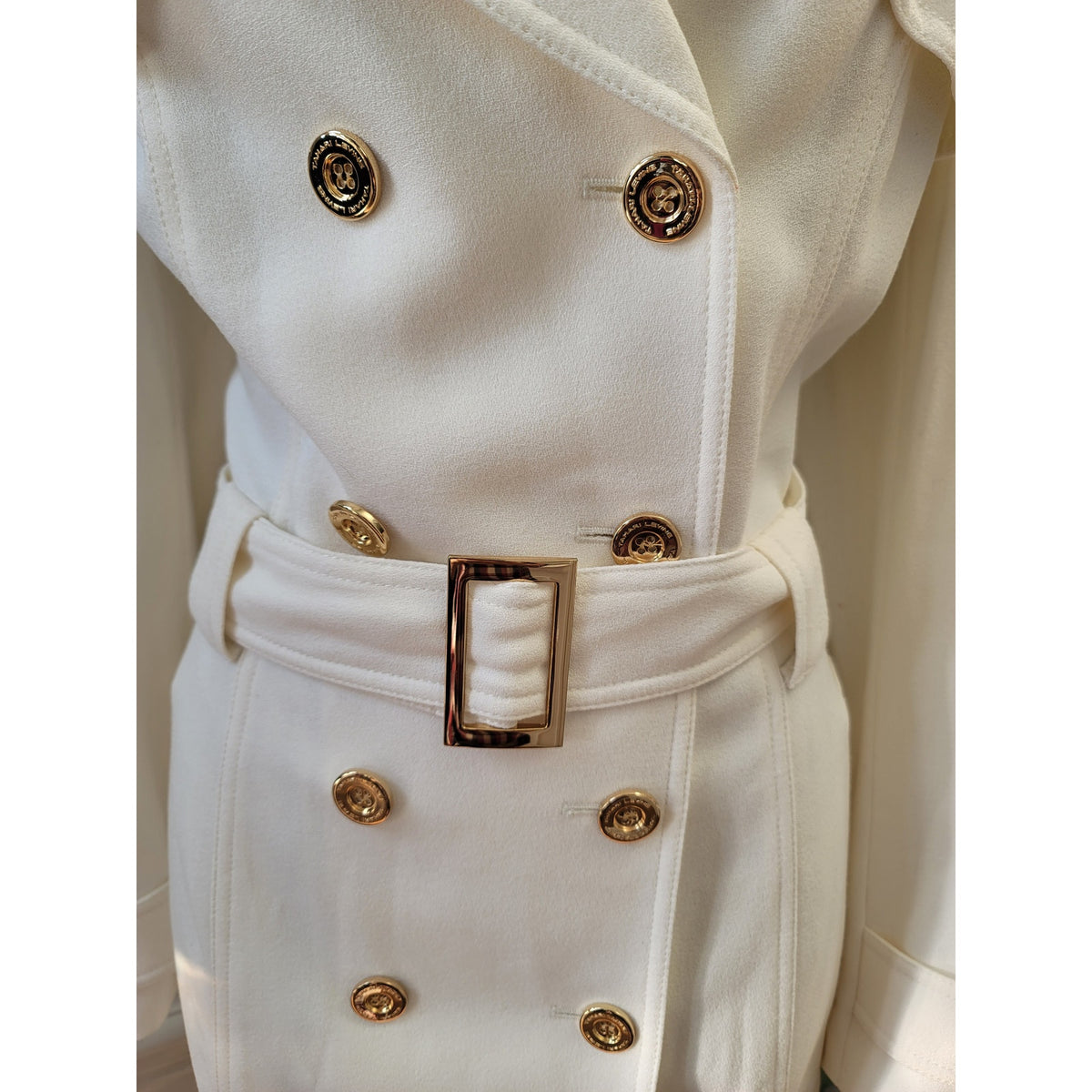 Tahari Trench Coat Womens SZ 12 White Double Breasted Buttons Belted Long Sleeve