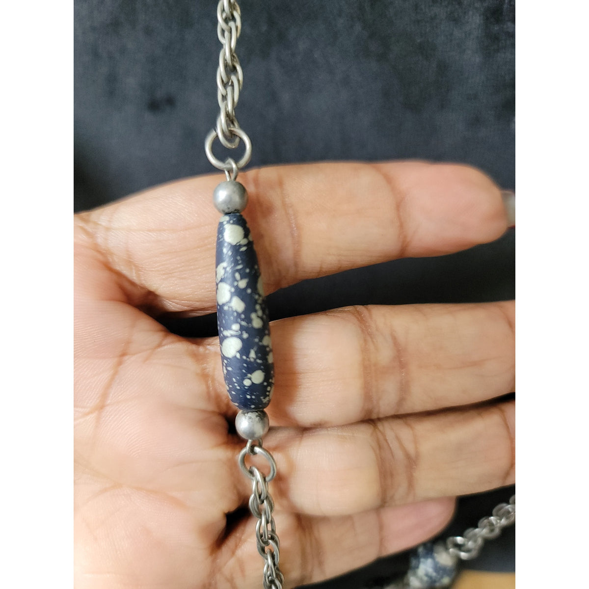 Women's Silver Chain Necklace With Blue Speckled Beads And Lobster Claw Lock